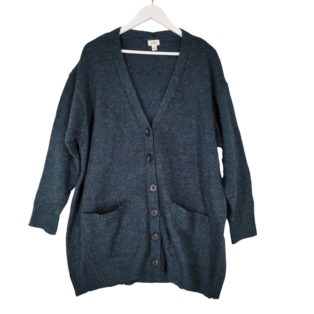 a.n.a Cardigan Sweater‎ Women 1X Green  Marled Knit Button Front Longline Pocket